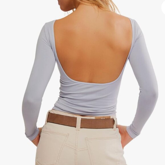 Free People Intimately Low Back Seamless Long Sleeve Top in Light Blue Size XS/S - Picture 2 of 8